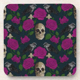 Dark Gothic Grungy Rose Vines Raven Skull pink Coaster