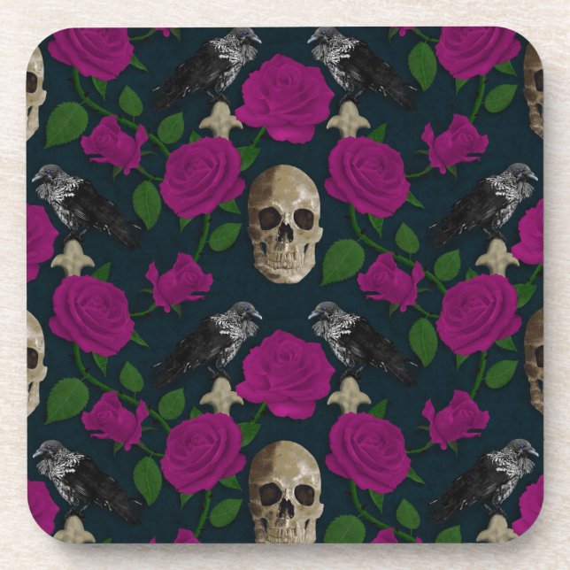 Dark Gothic Grungy Rose Vines Raven Skull pink Coaster (Front)
