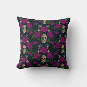 Dark Gothic Grungy Rose Vines Raven Skull pink Throw Pillow