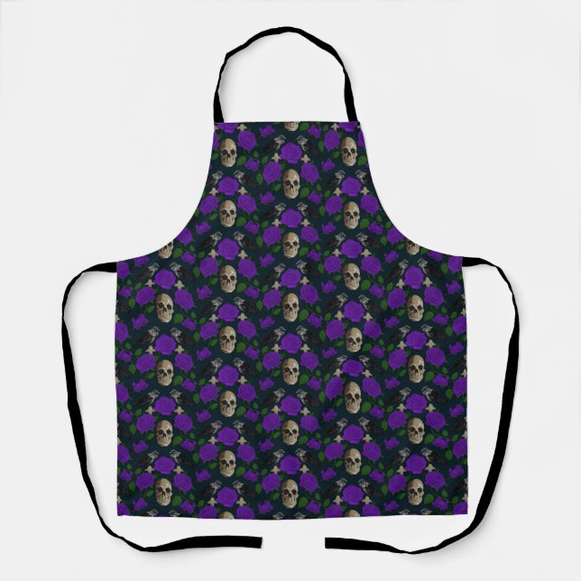 Dark Gothic Grungy Rose Vines Raven Skull purple Apron (Front)