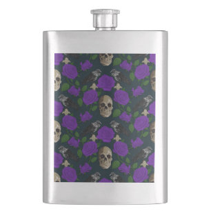 Dark Gothic Grungy Rose Vines Raven Skull purple Hip Flask