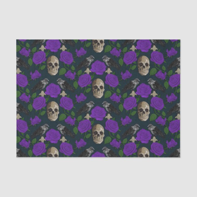 Dark Gothic Grungy Rose Vines Raven Skull purple Tissue Paper (Front)