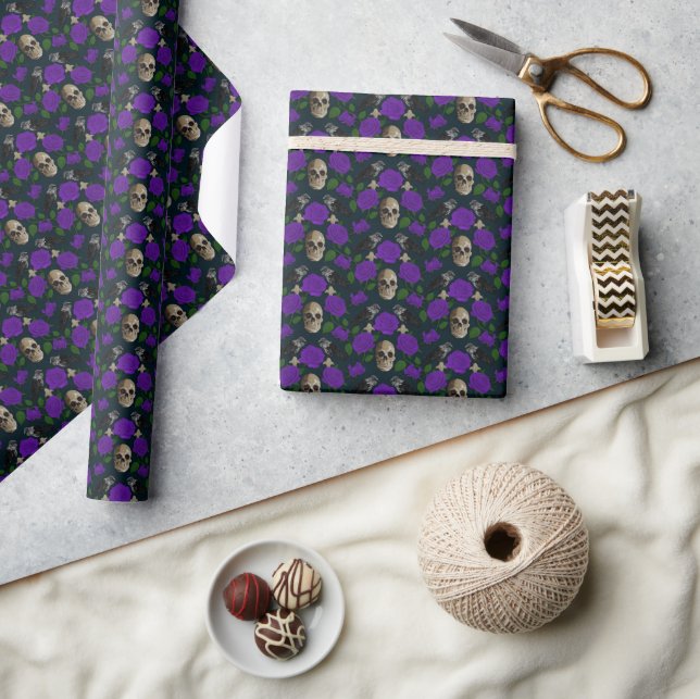 Dark Gothic Grungy Rose Vines Raven Skull purple Wrapping Paper (Crafts)
