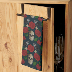 Dark Gothic Grungy Rose Vines Raven Skull red Kitchen Towel