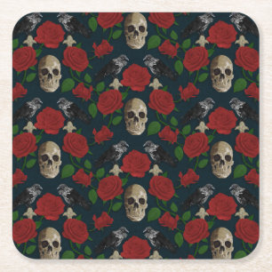 Dark Gothic Grungy Rose Vines Raven Skull red Square Paper Coaster