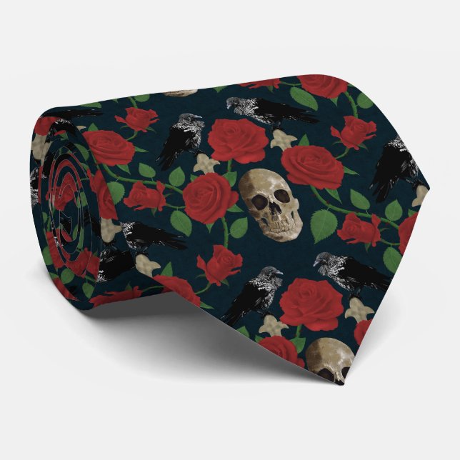 Dark Gothic Grungy Rose Vines Raven Skull red Tie (Rolled)