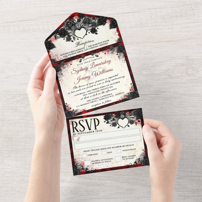Dark Gothic Halloween Heart - MENU -Together With All In One Invitation (Tearaway)