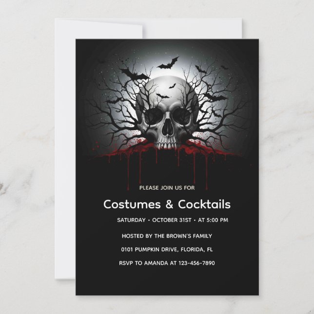 Dark Gothic Halloween Invitation Card | Skull & Ba (Front)