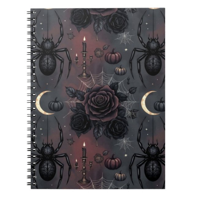 Dark Gothic Halloween Seamless Pattern: Spiders, B Notebook (Front)