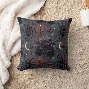 Dark Gothic Halloween Seamless Pattern: Spiders, B Throw Pillow