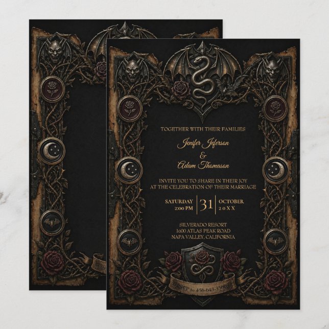 Dark Gothic Halloween Wedding Invitation (Front/Back)