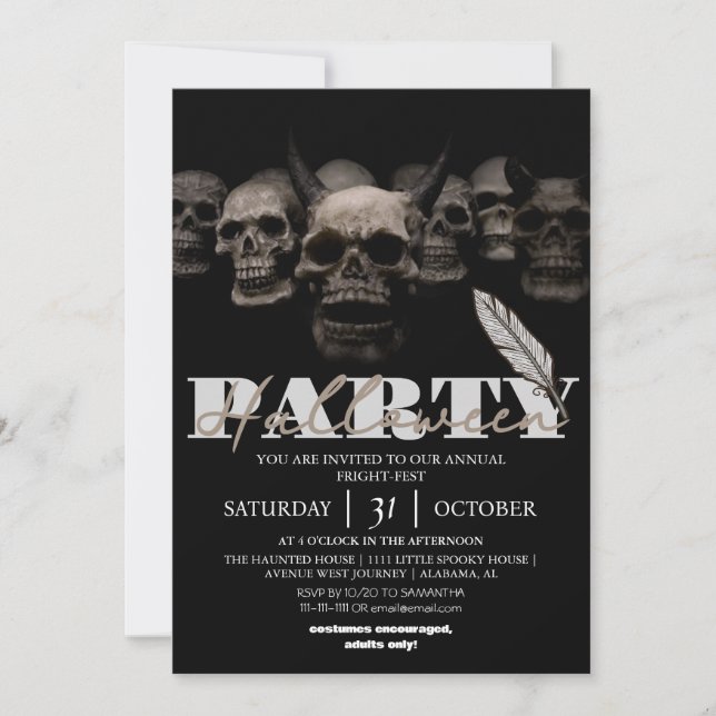 Dark Gothic Horned Skull Header Halloween Party Invitation (Front)