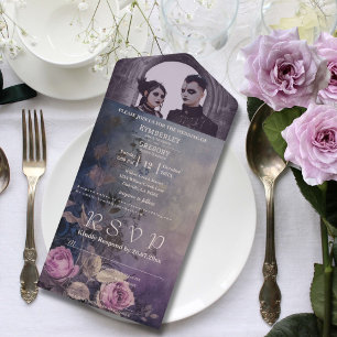 Dark Gothic Lavender Purple Floral One Photo All In One Invitation