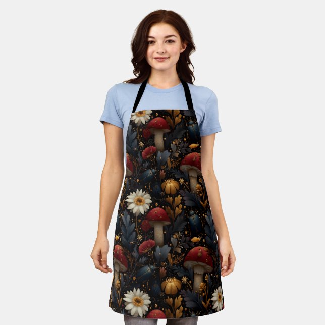 Dark Gothic Mushroom and Beetle Botanical Pattern Apron (Worn)