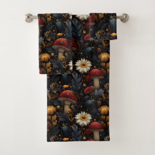 Dark Gothic Mushroom and Beetle Botanical Pattern Bath Towel Set