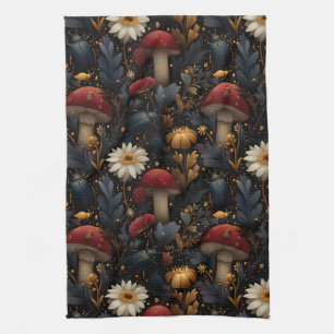 Dark Gothic Mushroom and Beetle Botanical Pattern Kitchen Towel
