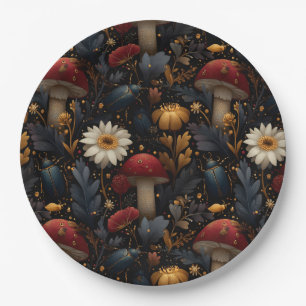 Dark Gothic Mushroom and Beetle Botanical Pattern Paper Plate