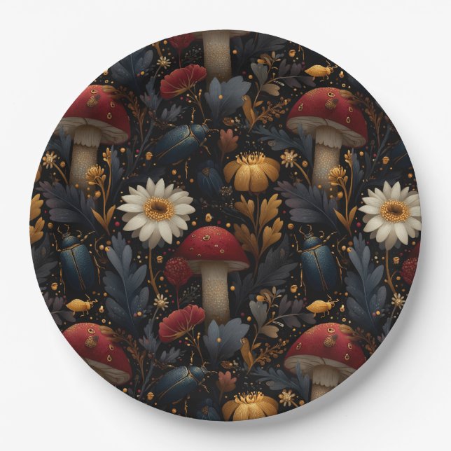 Dark Gothic Mushroom and Beetle Botanical Pattern Paper Plate (Front)