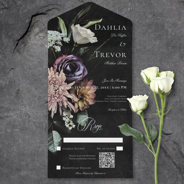 Dark Gothic Mysterious Muted Floral QR Code All In One Invitation (Dark Gothic Mysterious Muted Floral QR Code All In One Invitation)