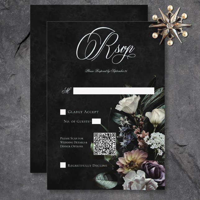 Dark Gothic Mysterious Muted Floral QR Code RSVP Card (Dark Gothic Mysterious Muted Floral QR Code RSVP Card)