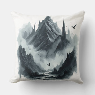 Dark Gothic Peaks Scene with Fog, Rivers & Raven Throw Pillow