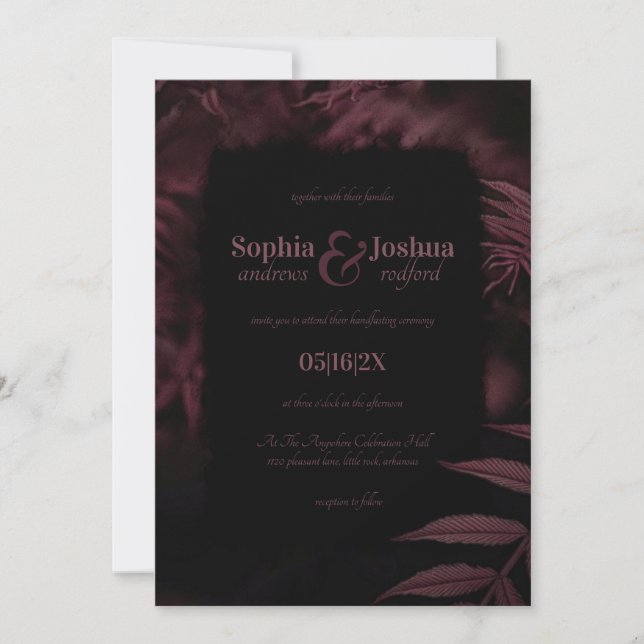 Dark Gothic Plumb Leaves Black Wedding Handfasting Invitation (Front)