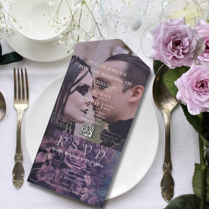 Dark Gothic Purple Lavender Floral QR Code Photo All In One Invitation
