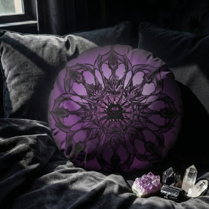 Dark Gothic Purple Mandala Mystical Round Pillow