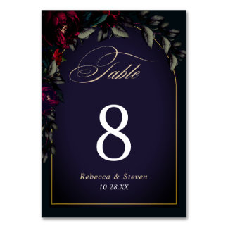 Dark gothic purple turquoise floral moody wedding table number