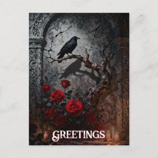 Dark Gothic Raven and Roses Mural Birthday Postcard