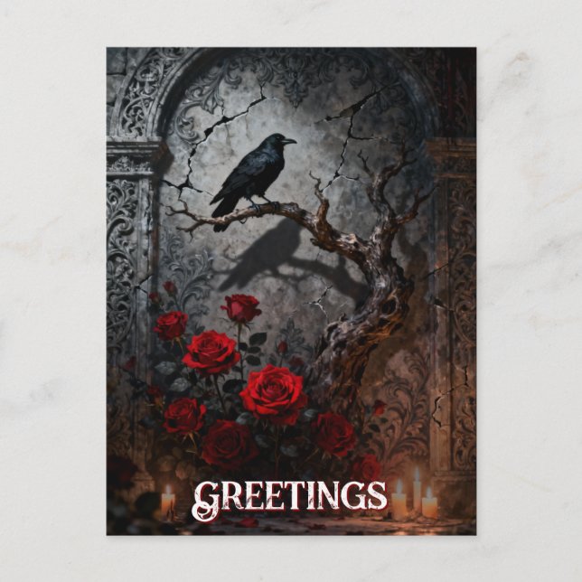 Dark Gothic Raven and Roses Mural Birthday Postcard (Front)