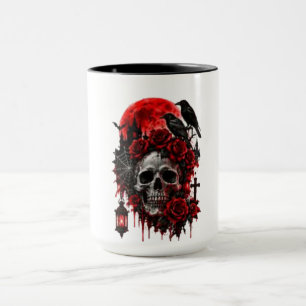 Dark Gothic Raven Skull with Crimson Roses Hallowe Mug