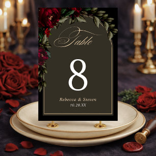 Dark gothic red green floral moody wedding table number