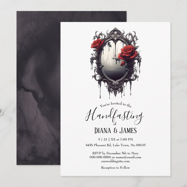 Dark Gothic Red Rose & Mirror Fantasy Handfasting Invitation (Front/Back)
