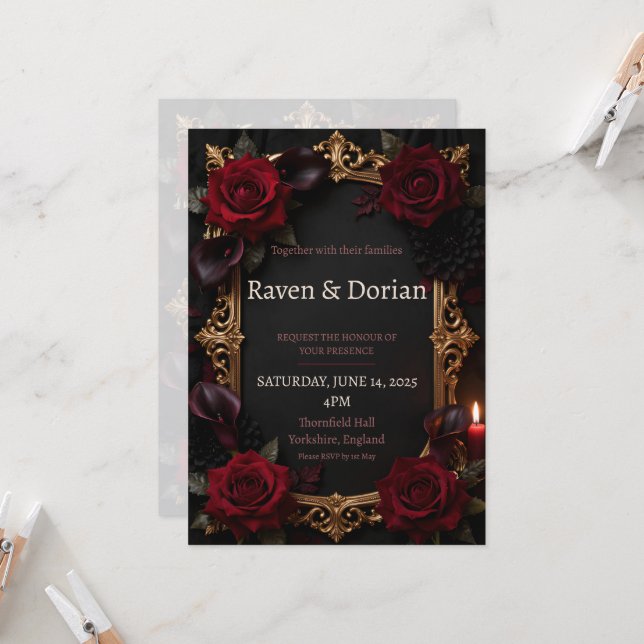 Dark Gothic Red Roses Gold Frame Wedding Invitatio Invitation (Front/Back In Situ)