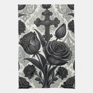 Dark Gothic Rose Pattern (2) Kitchen Towel