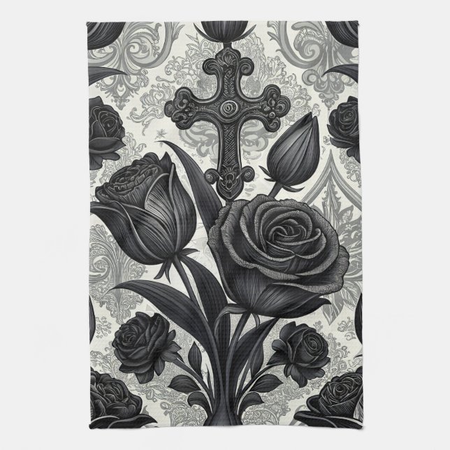Dark Gothic Rose Pattern (2) Kitchen Towel (Vertical)