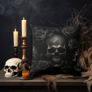 Dark Gothic Skull & Black Rose – Macabre decor Throw Pillow