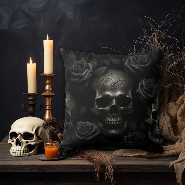 Dark Gothic Skull & Black Rose – Macabre decor Throw Pillow (Creator Uploaded)