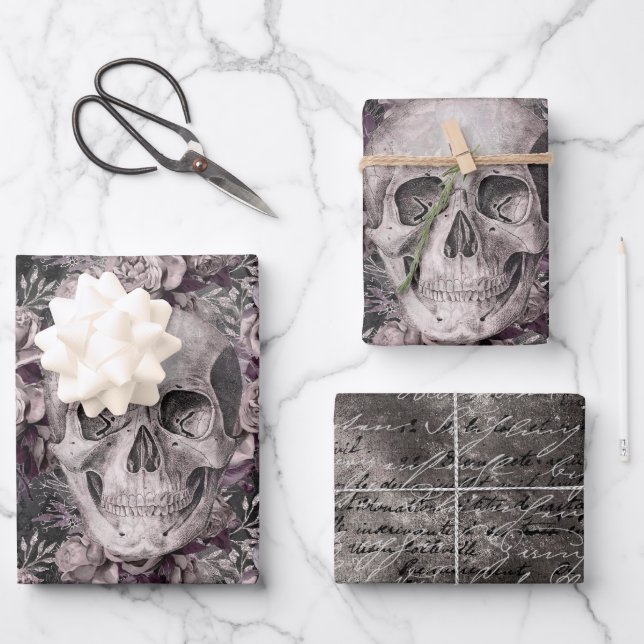 Dark Gothic Skull & Script Wrapping Paper Sheets (Front)