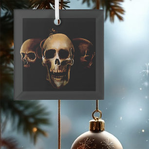 Dark Gothic Skulls Human Black Trio Creature Glass Ornament