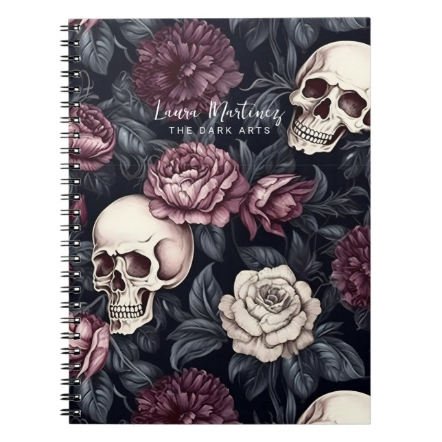 Dark Gothic Skulls Mauve Floral Botanicals Notebook (Front)