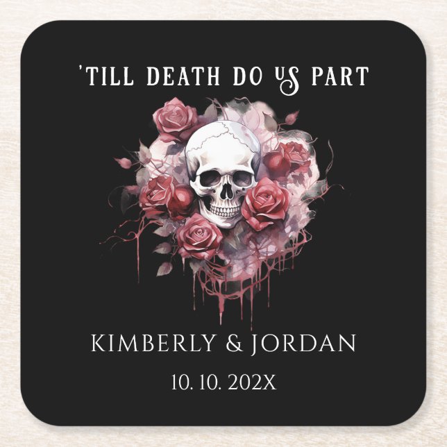 Dark Gothic Skulls 'till death do us part Wedding Square Paper Coaster (Front)