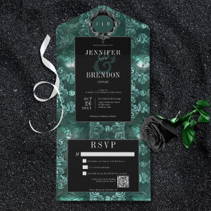 Dark Gothic Teal & Black Vintage Moth QR Code All In One Invitation