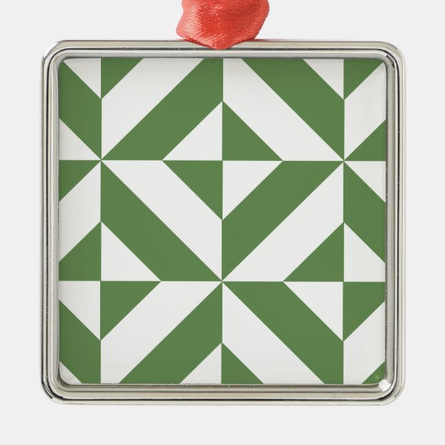 Dark Grass Green Geometric Deco Cube Pattern Metal Ornament (Front)