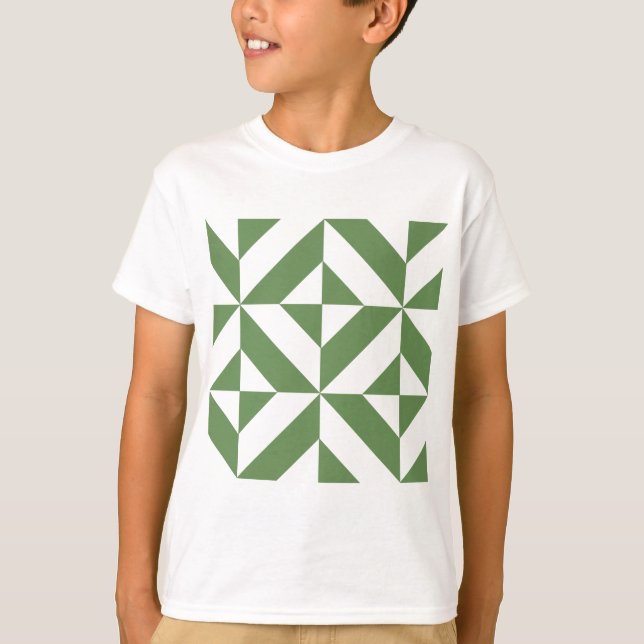 Dark Grass Green Geometric Deco Cube Pattern T-Shirt (Front)
