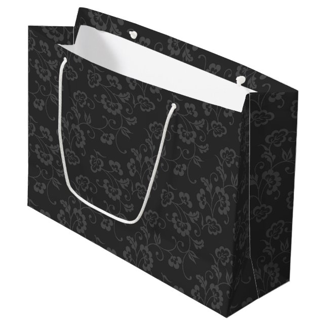 Dark Gray Botanical Floral Pattern Large Gift Bag (Front Angled)