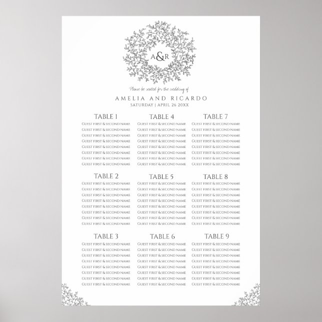 Dark gray leaves circle wedding seating chart (Front)