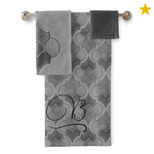 Dark Gray Monogram Watercolor Geometric Pattern Bath Towel Set