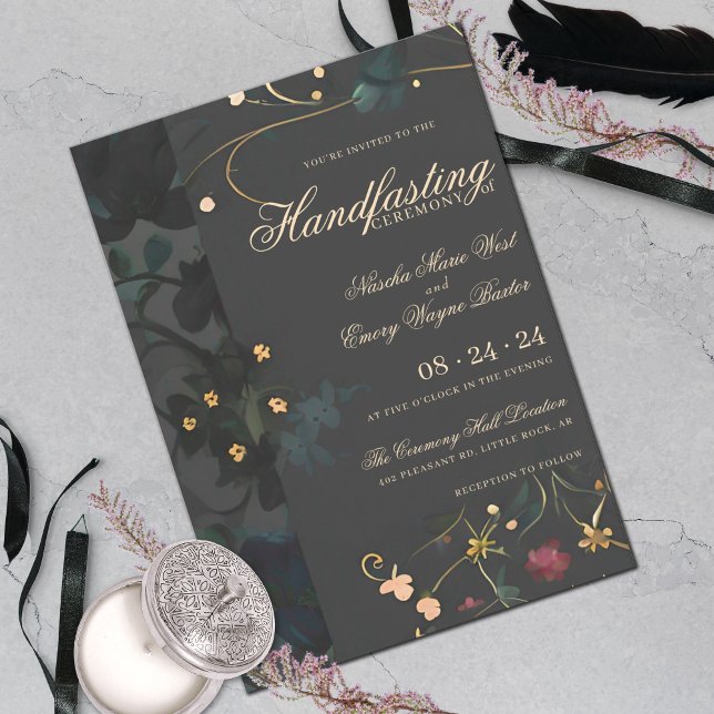 Dark Gray Moody Boho Abstract Floral Handfasting Invitation (Creator Uploaded)